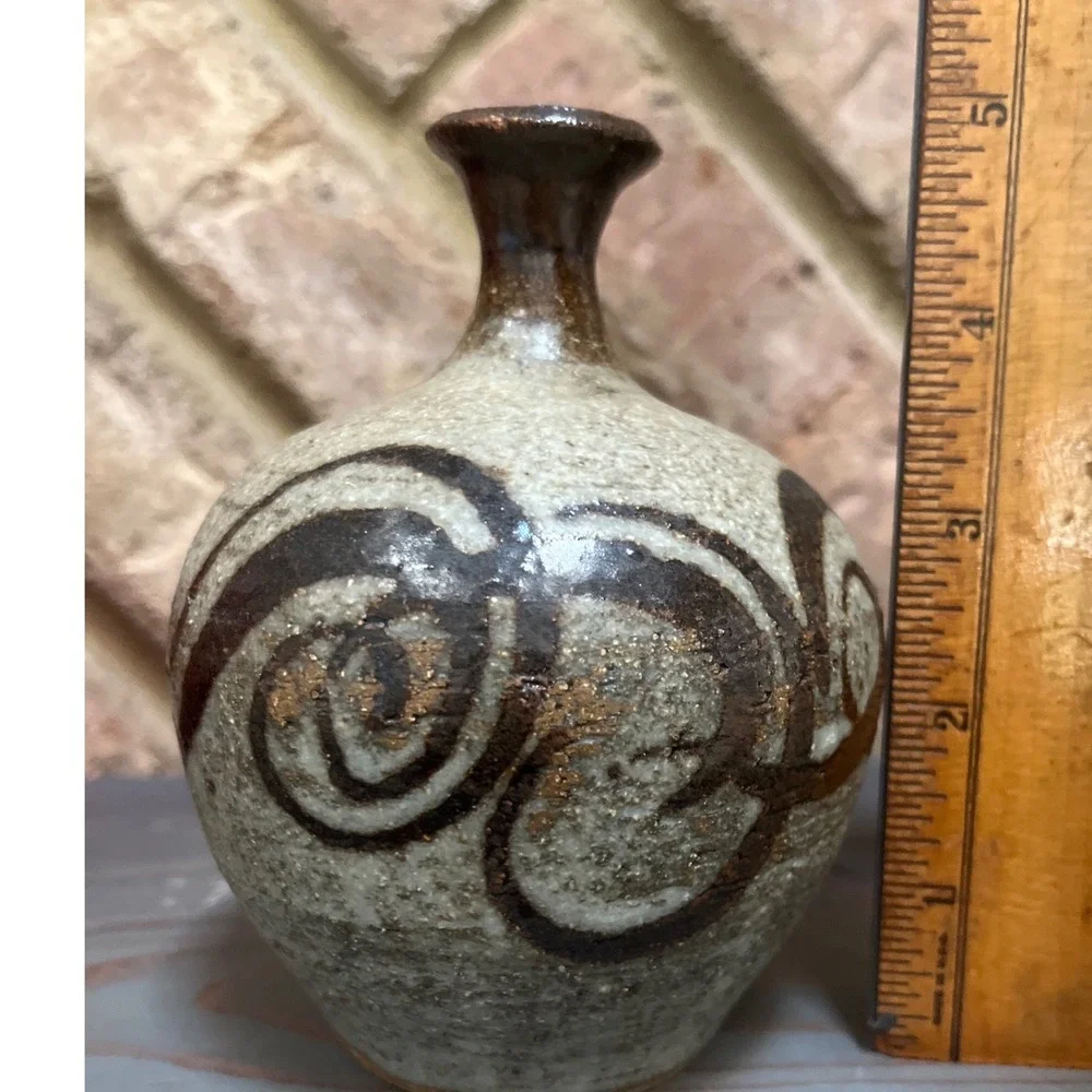 Vtg Signed Studio Pottery Bud Vase Abstract Swirl Stoneware 5
